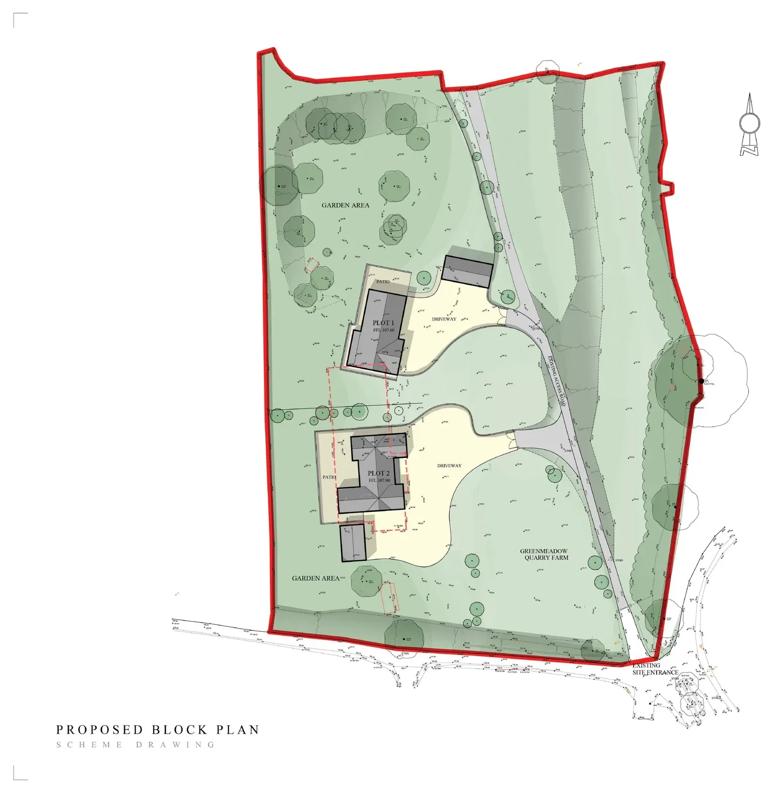 Earlier two-dwelling site layout study for Greenmeadow Quarry Farm