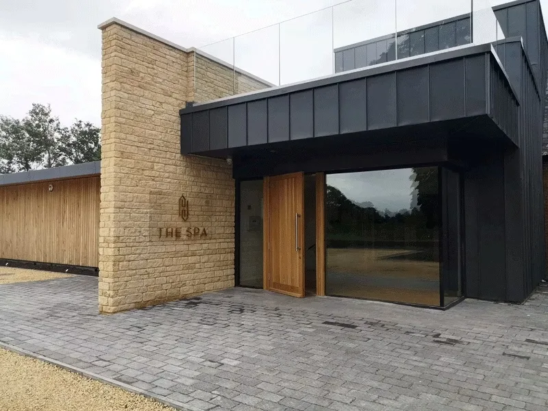 Completed contemporary spa entrance at Hatherley Manor Hotel