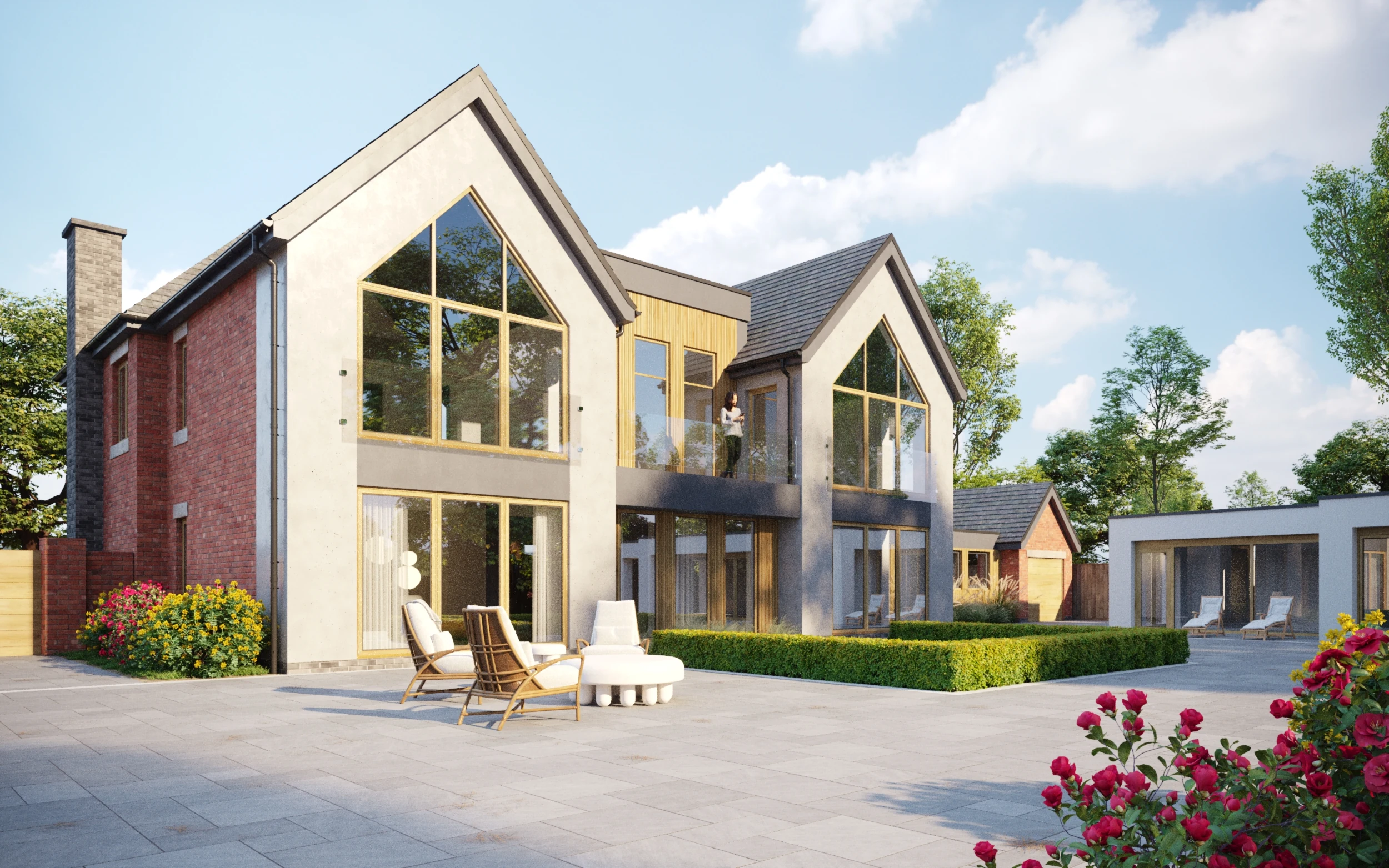 Architectural visualisation of the garden elevation and private terrace at Mile Flat House