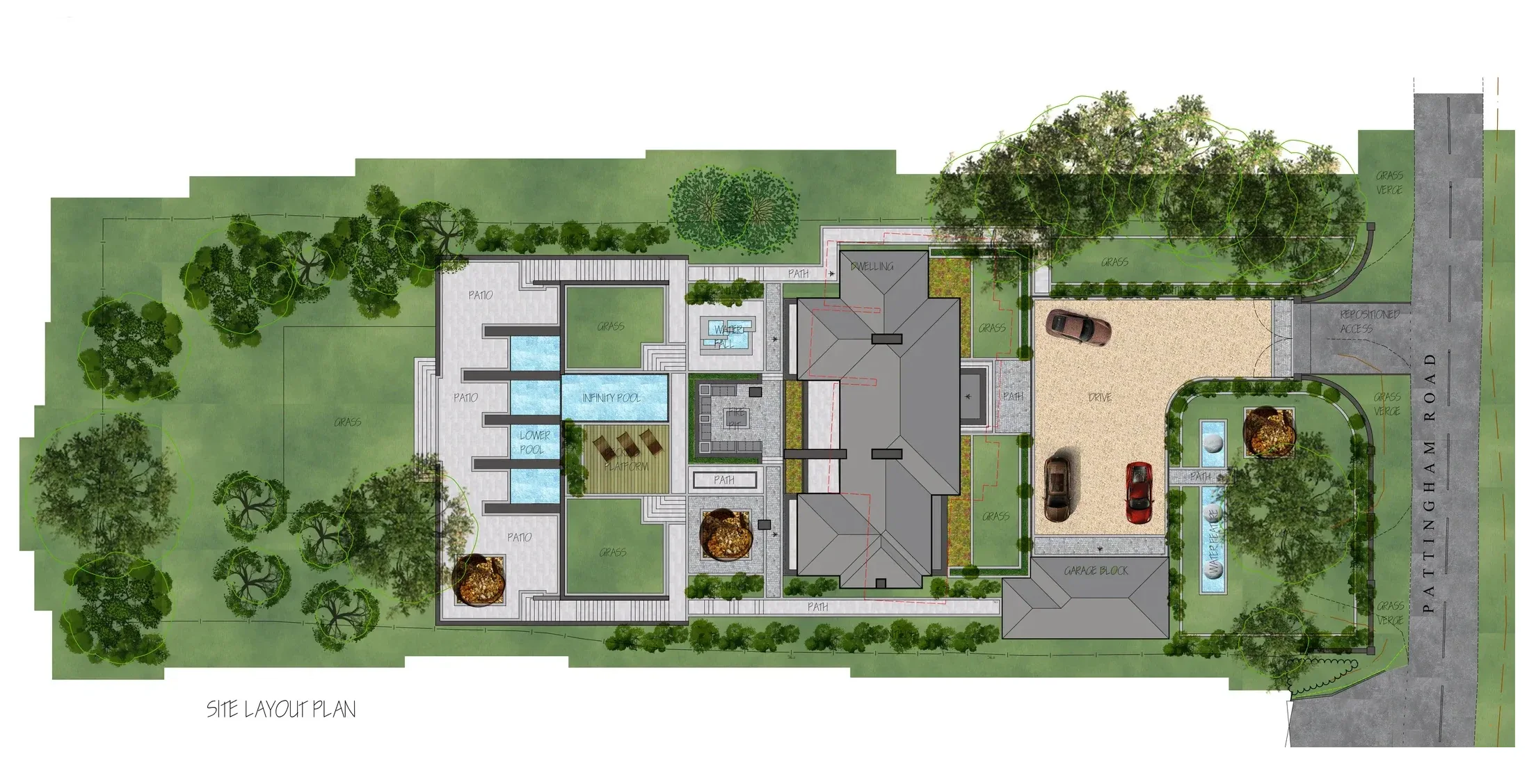 Moorland House site layout showing the dwelling, access, parking, gardens, terraces and swimming pool