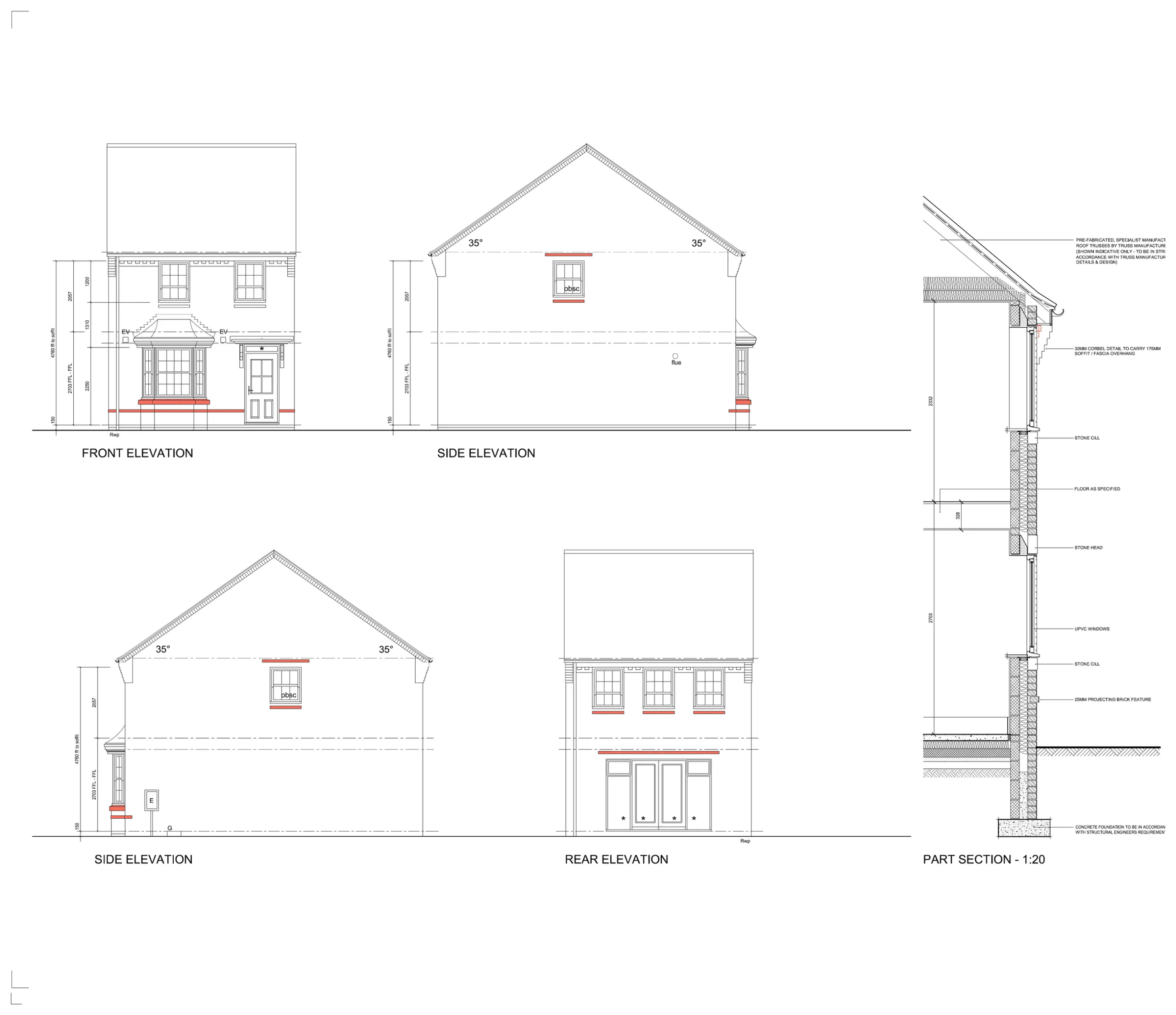 Elevations for three-bedroom house types at Newbridge Crescent