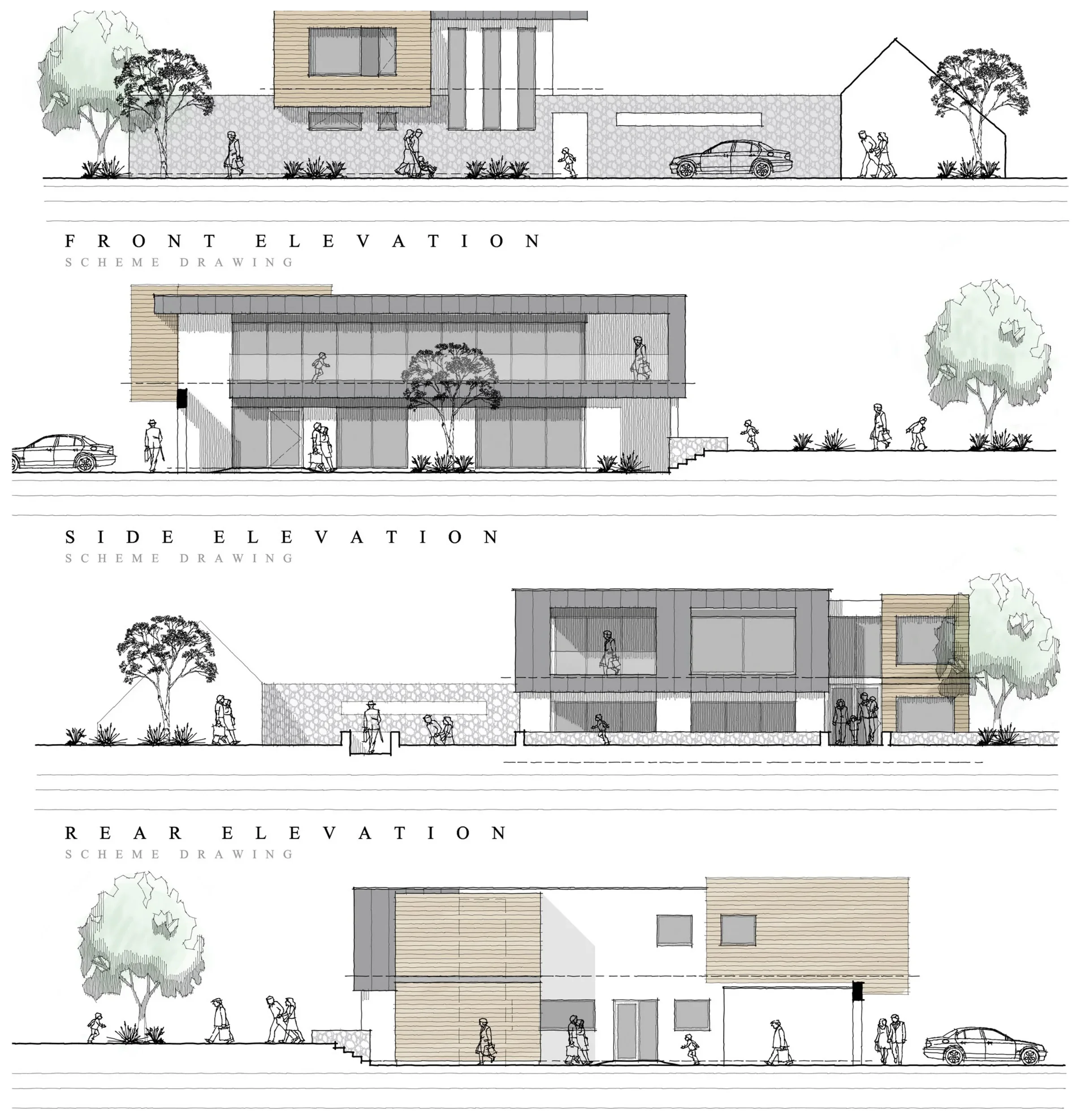 Proposed front, side and rear elevations of Orchard House