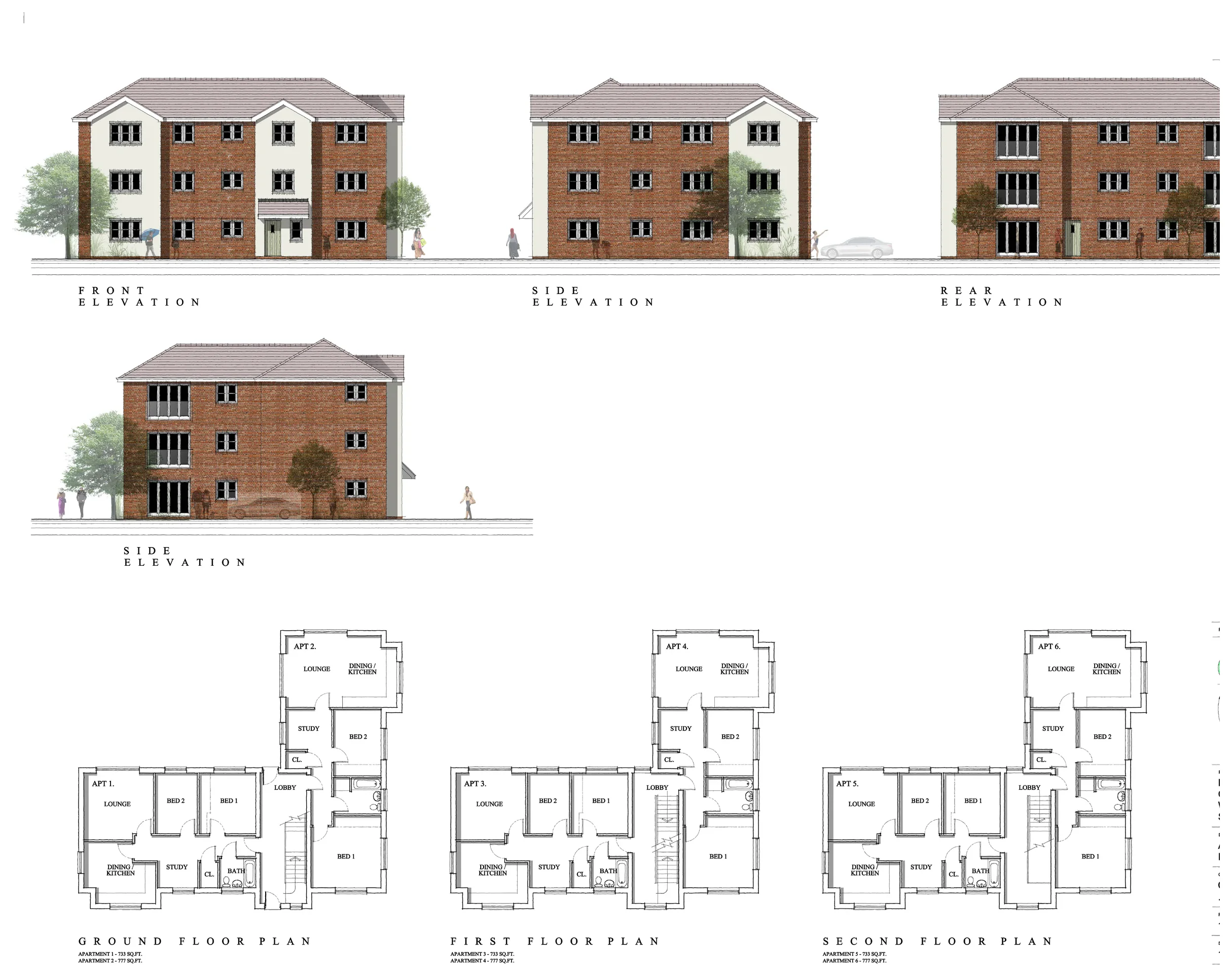 Apartment building floor plans and elevations