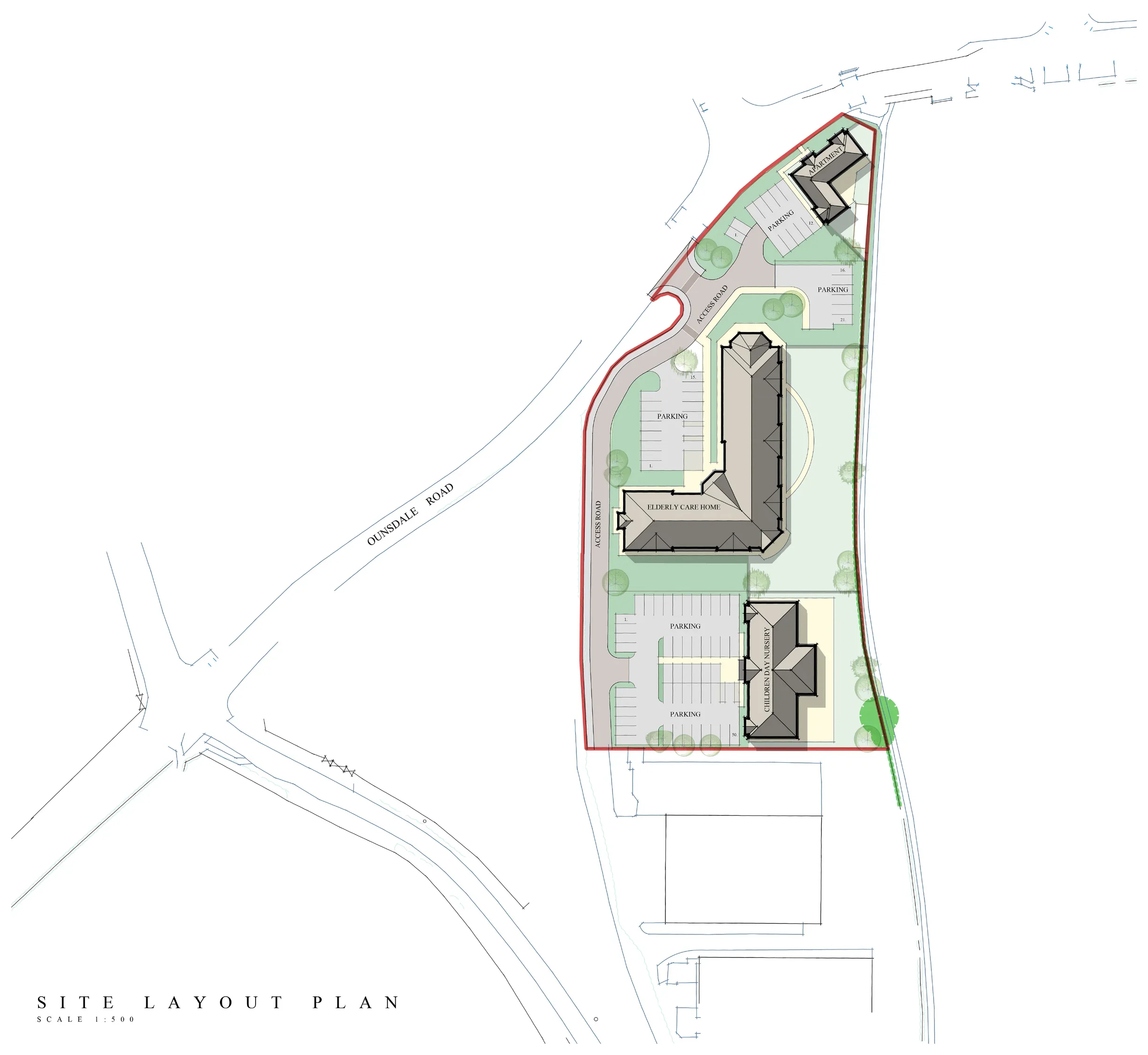 Cropped site layout plan for Project 1158 showing the care home, nursery and apartments