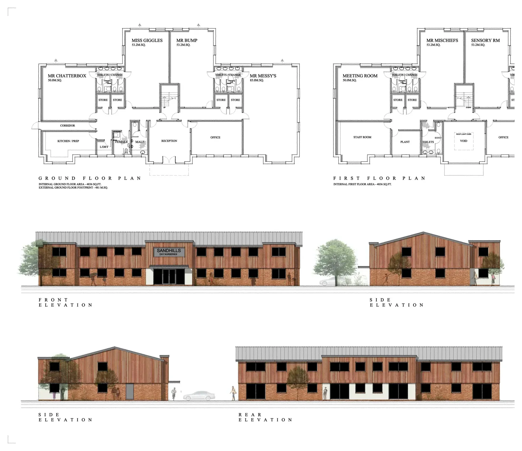 Floor plans and elevations for the proposed children's day nursery