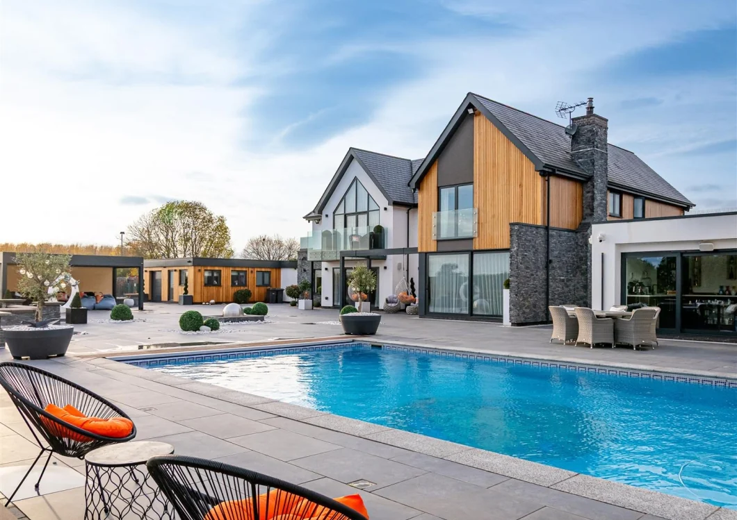 Completed Standish residence and pool terrace at Mile Flat, Kingswinford