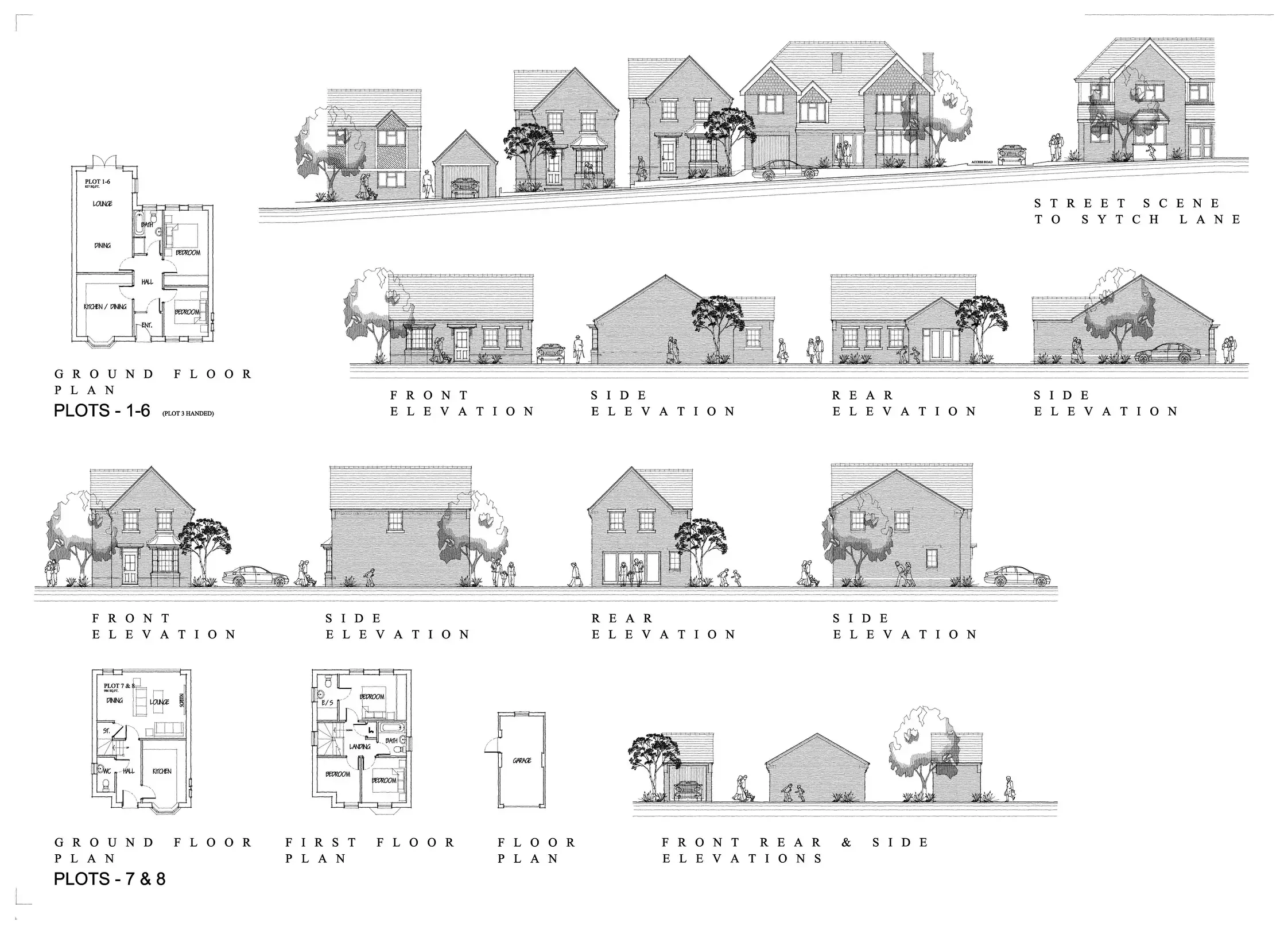Floor plans elevations and street scene for the proposed housing at 11 Sytch Lane